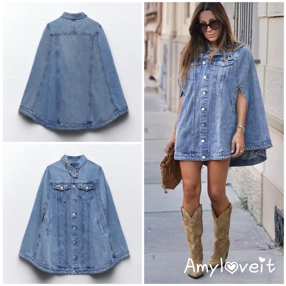 Zara Denim Cape Coat Jacket - Picture 1 of 7